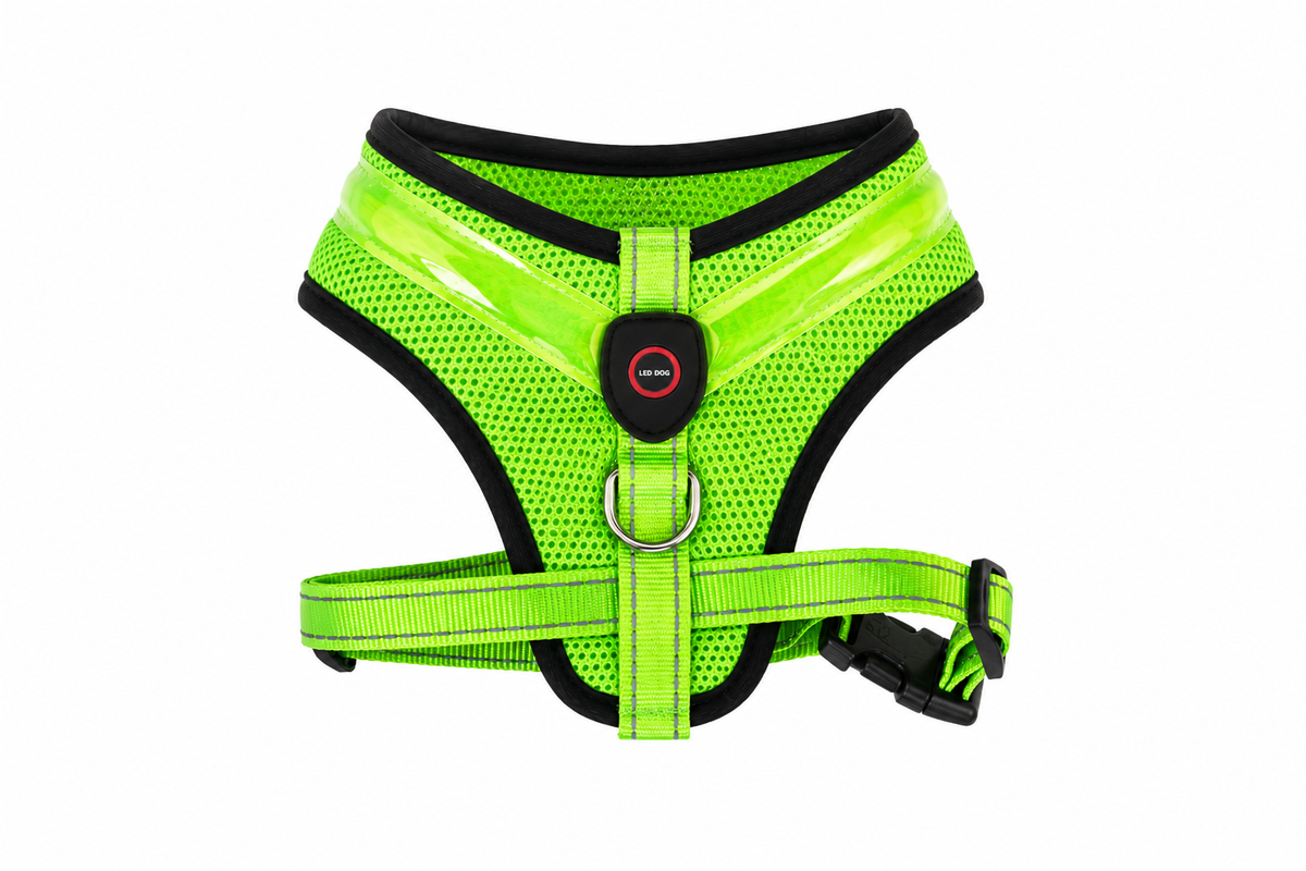 Green GlowPup LED safety harness on a white background