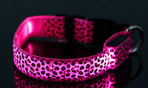 Pink illuminated leopard-pattern LED dog collar