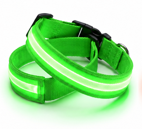 Green rechargeable GlowPup LED dog collars on a white background