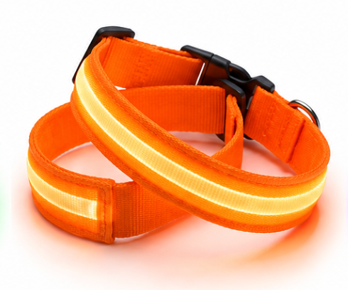 Orange rechargeable GlowPup LED dog collars on a white background