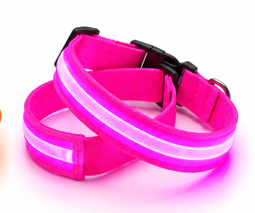 Pink rechargeable GlowPup LED dog collars on a white background