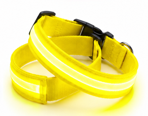 Yellow rechargeable GlowPup LED dog collars on a white background