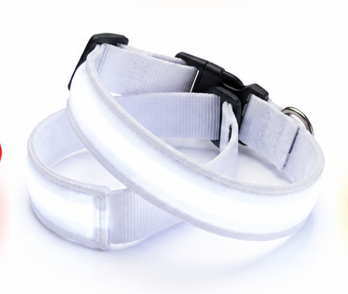 White rechargeable GlowPup LED dog collars on a white background