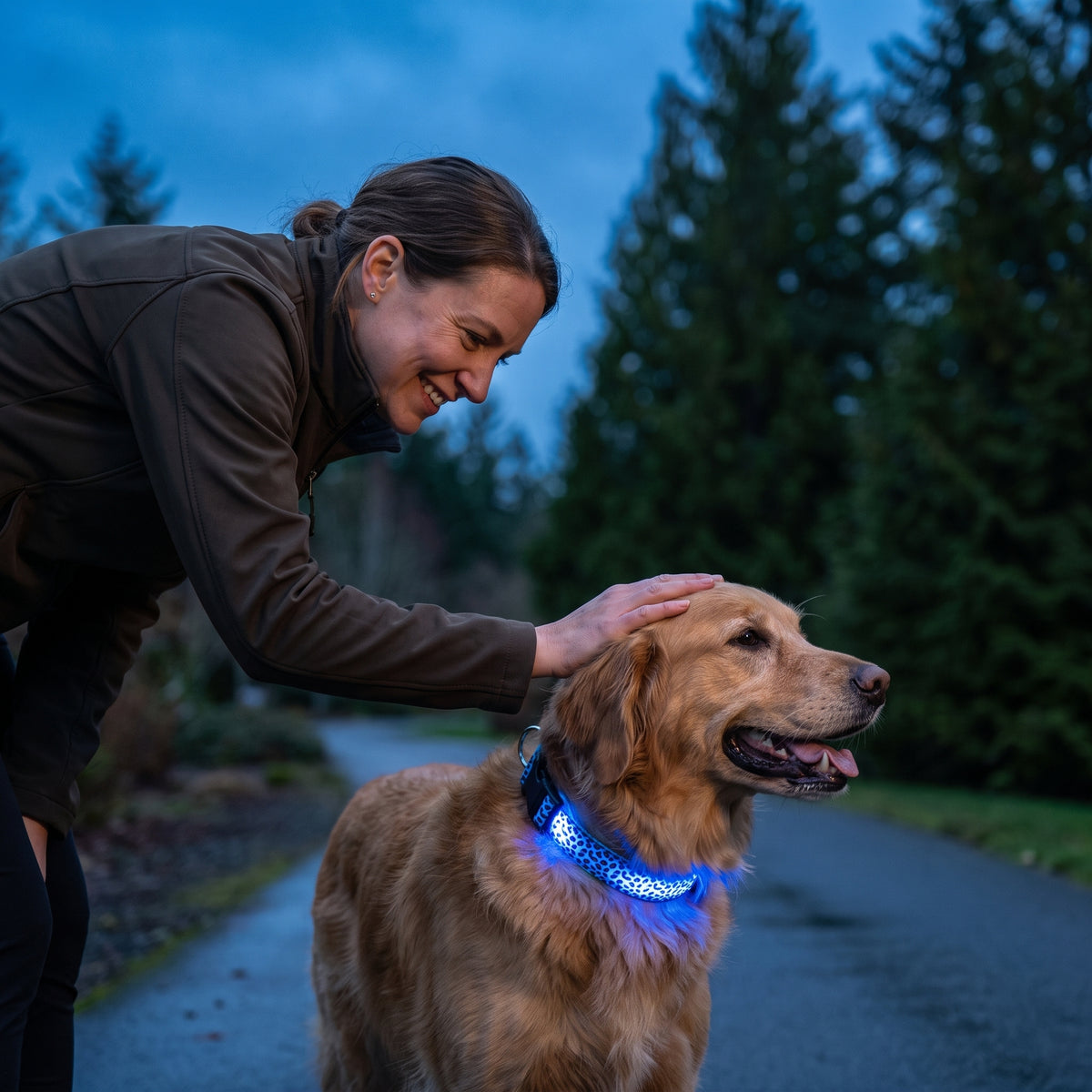 Owner adjusting a blue GlowPup LED safety collar on a golden retriever at dusk