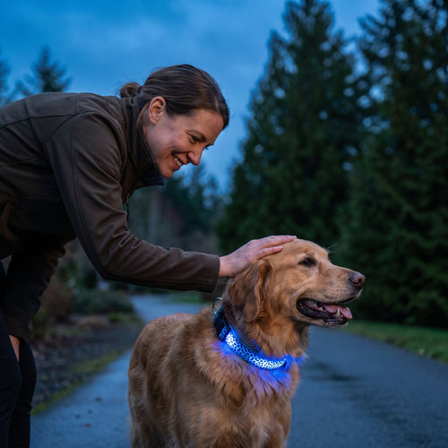 Owner adjusting a blue GlowPup LED safety collar on a golden retriever at dusk