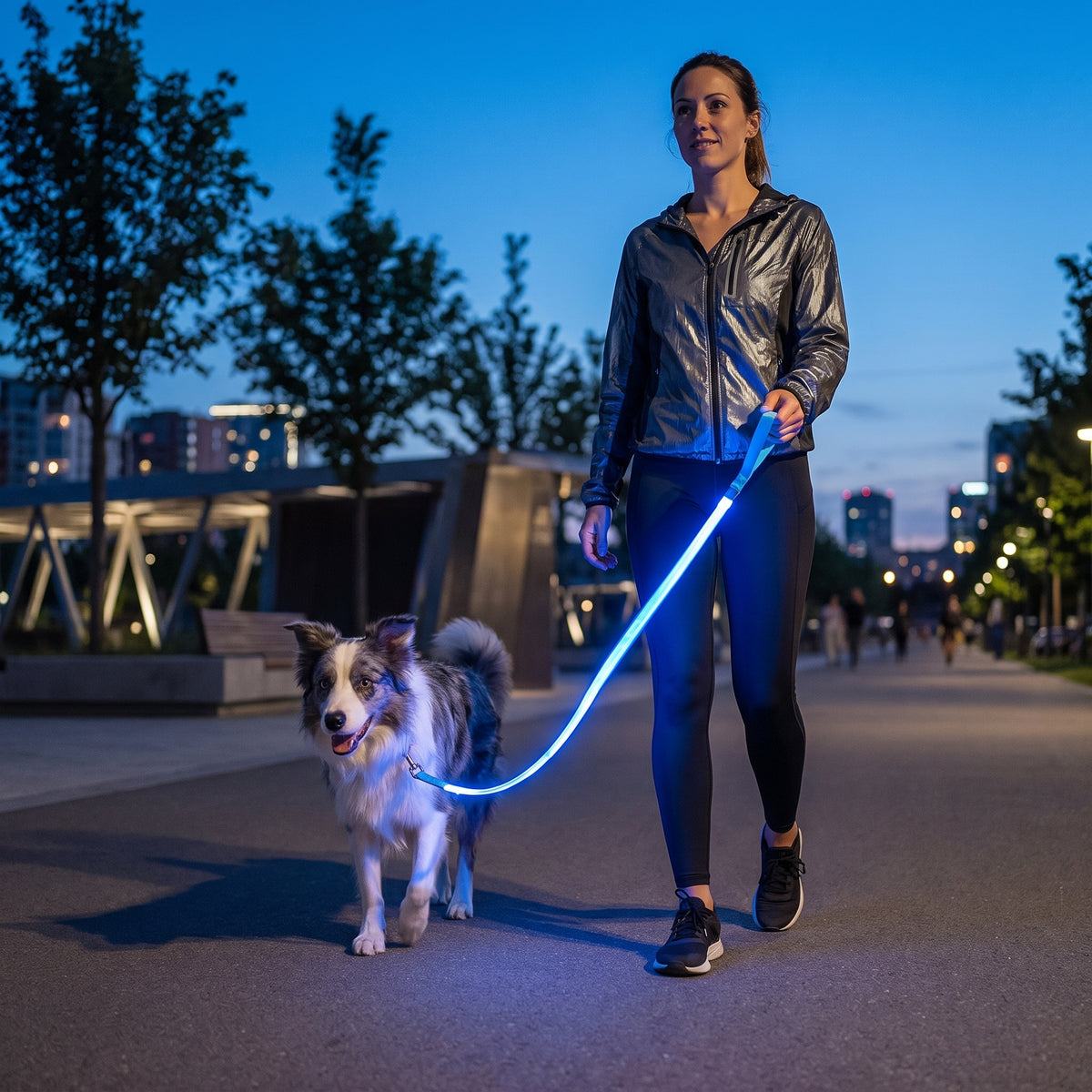 Woman walking a dog with a blue GlowPup LED leash at night