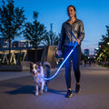 Woman walking a dog with a blue GlowPup LED leash at night