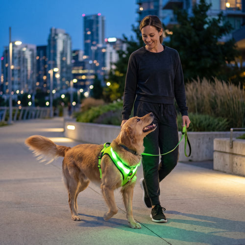 Woman walking a golden retriever wearing a green GlowPup LED harness at dusk
