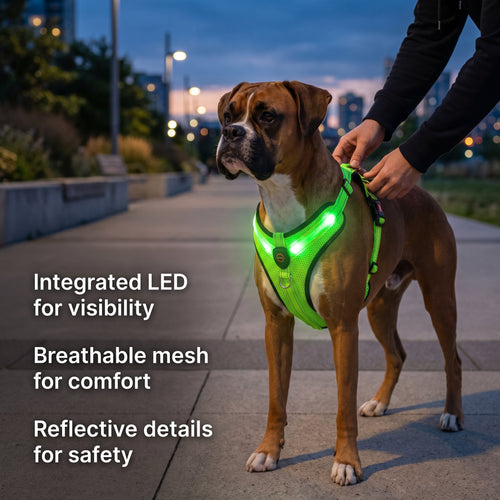 Dog wearing a green GlowPup LED safety harness during an evening walk
