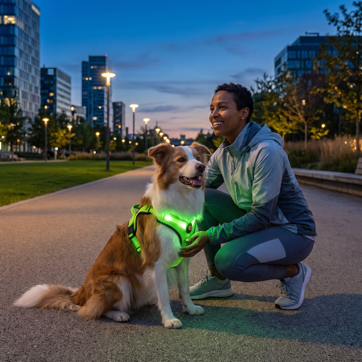 Owner with dogs wearing a glowing green LED harness in a park at dusk