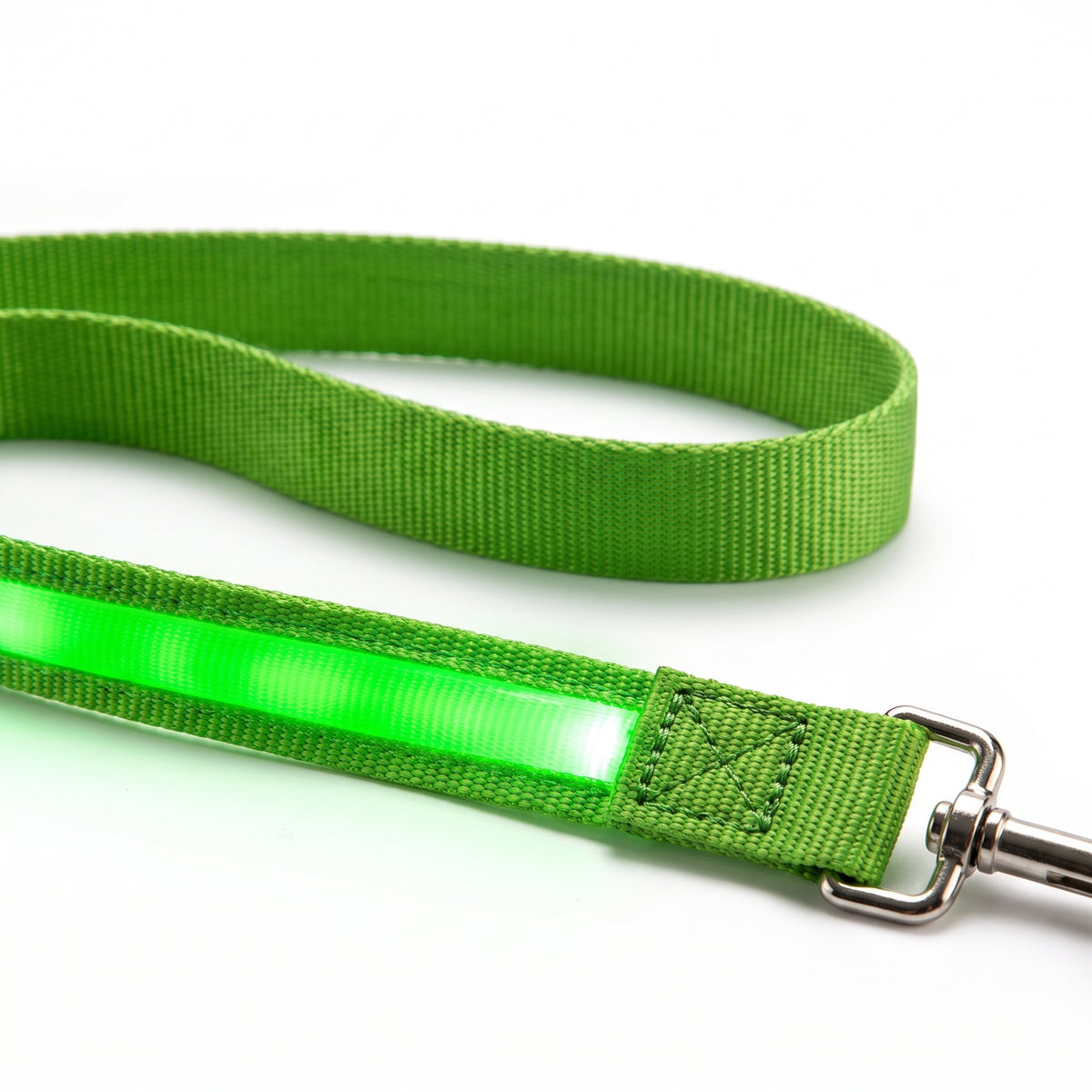 Close-up of a green LED dog leash with metal clasp