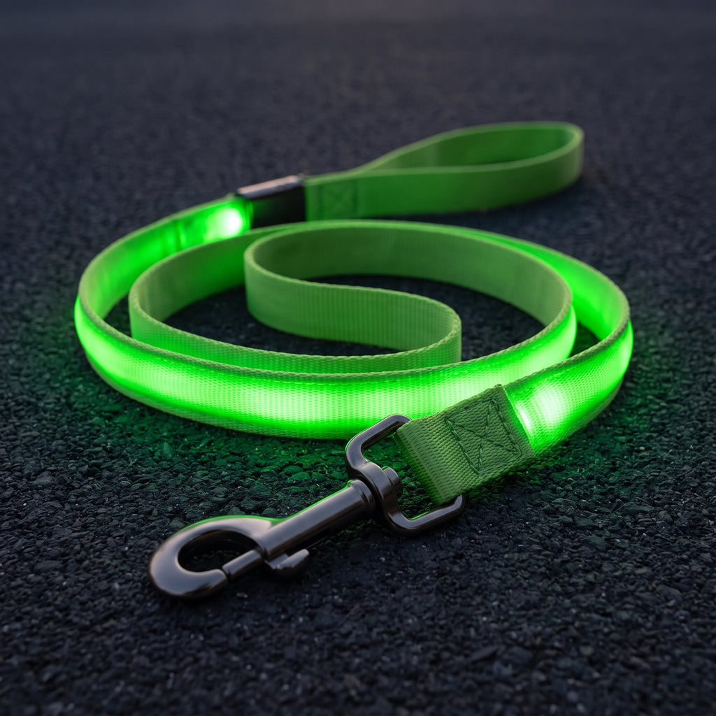 Green rechargeable LED dog leash coiled on a dark outdoor surface