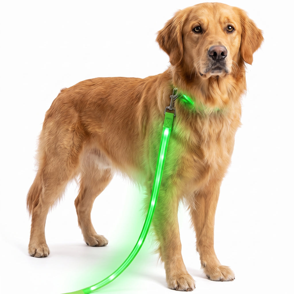 Golden retriever with a glowing green LED dog leash