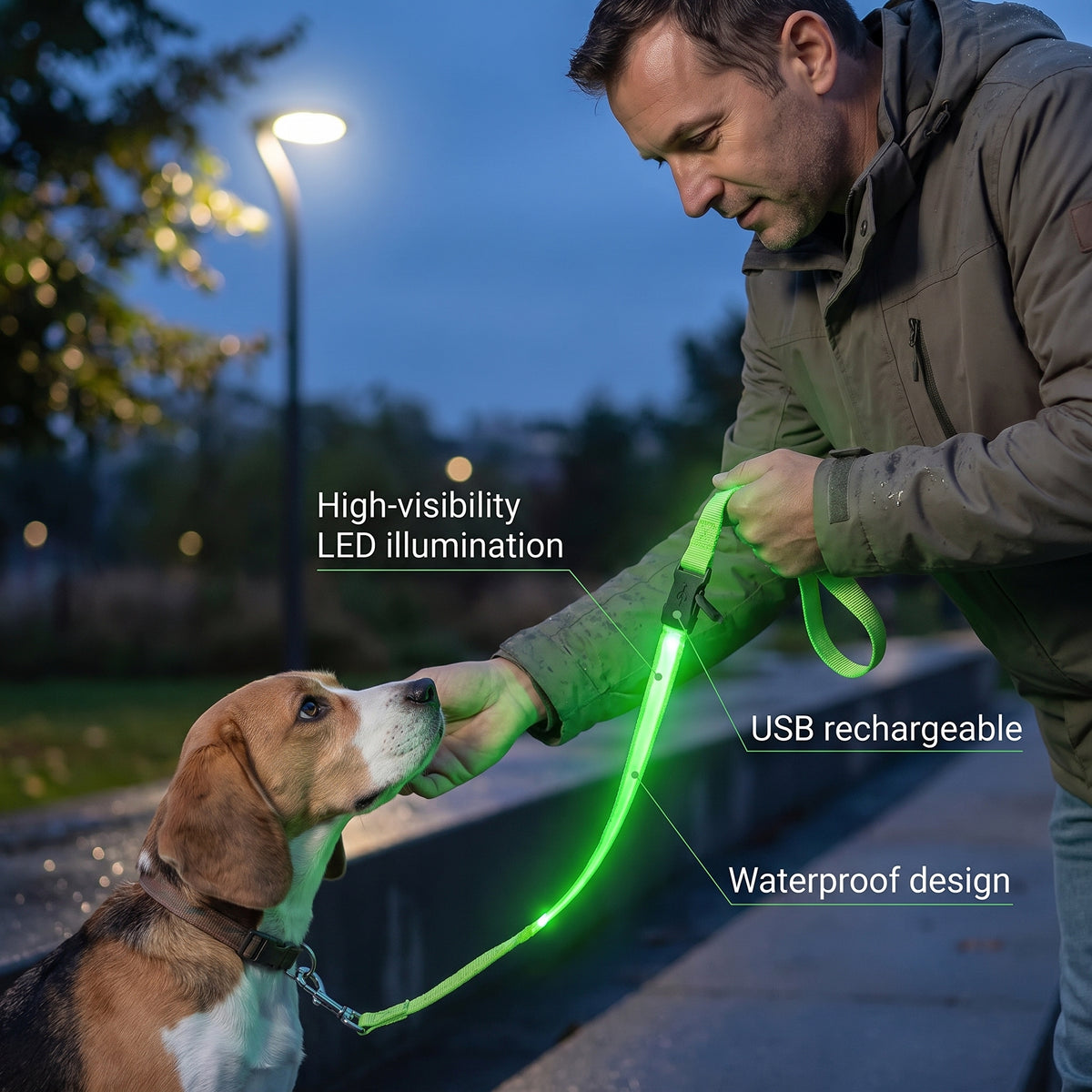 Owner connecting a green rechargeable GlowPup LED leash during an evening walk