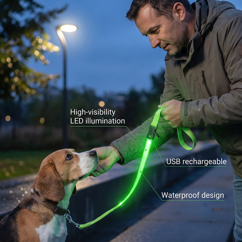 Owner connecting a green rechargeable GlowPup LED leash during an evening walk