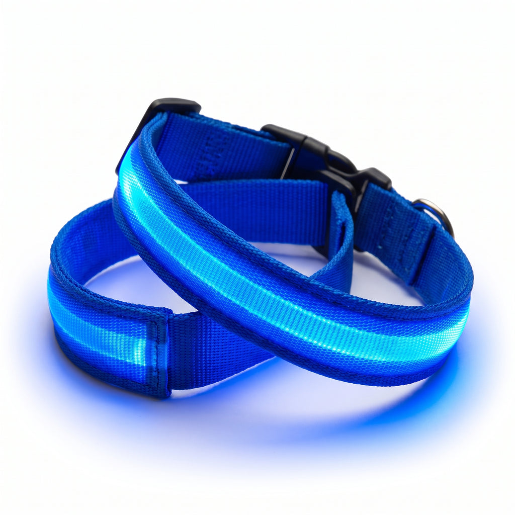 Blue rechargeable GlowPup LED dog collars on a white background