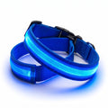 Blue rechargeable GlowPup LED dog collars on a white background