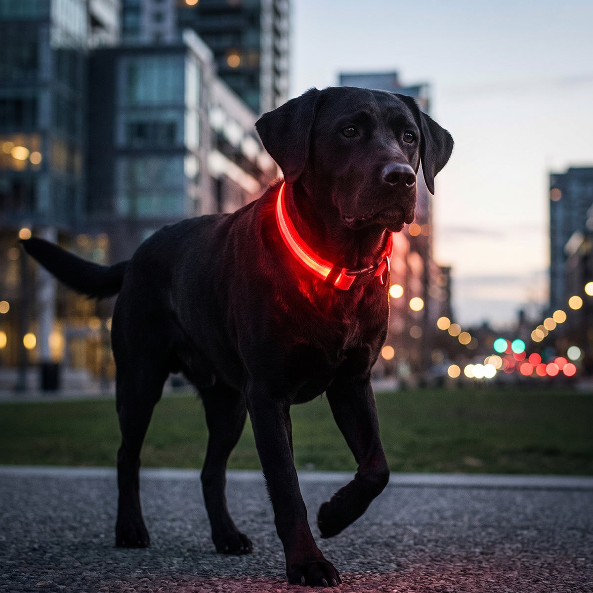 Black dog wearing a red GlowPup LED glow collar at dusk