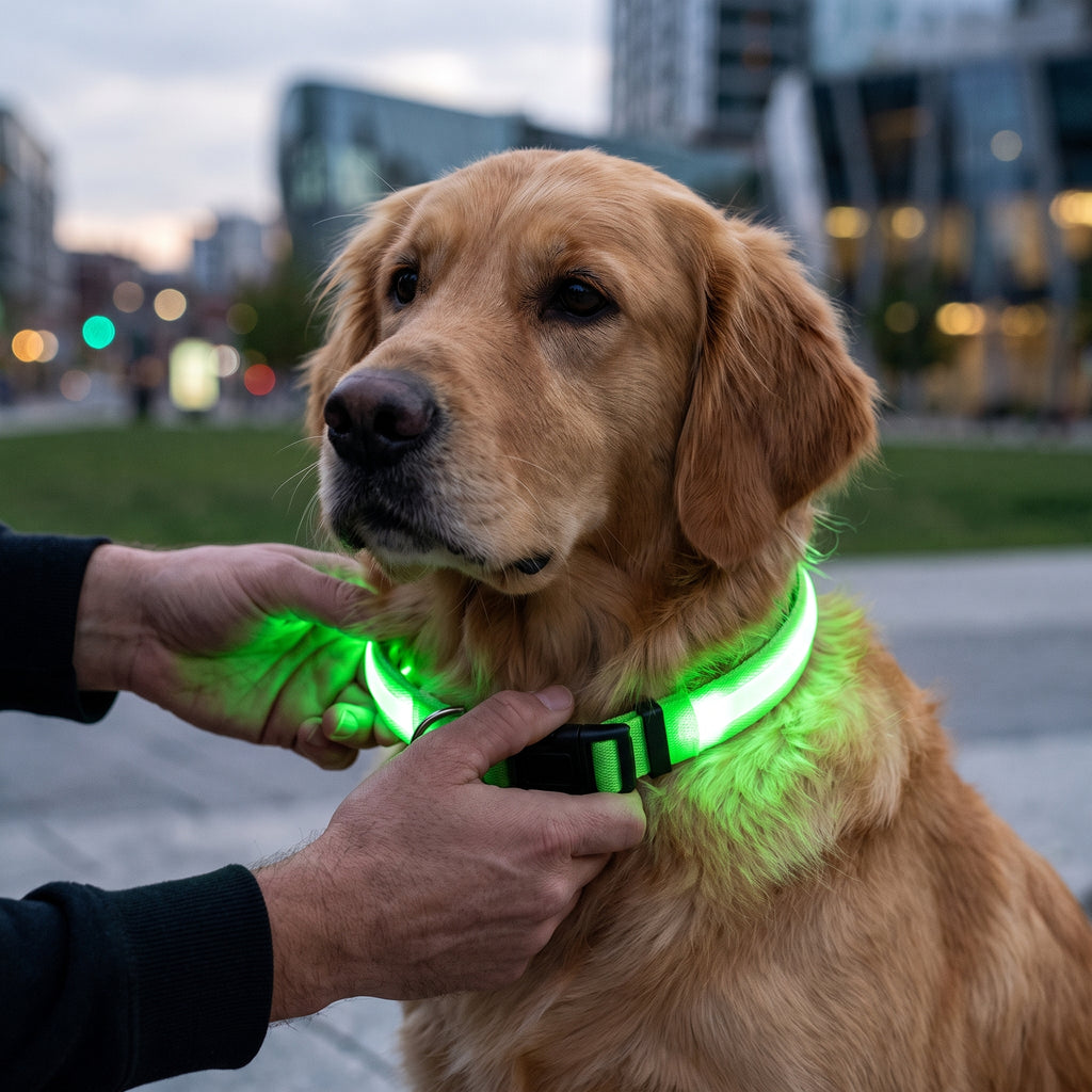 Golden retriever wearing a green GlowPup LED glow collar at dusk