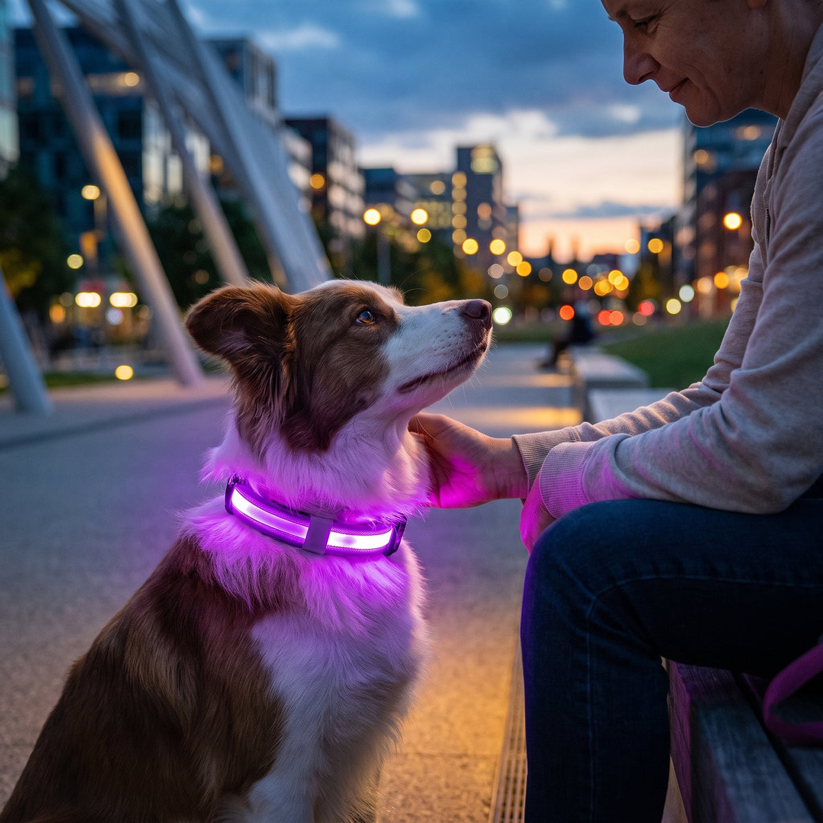 Dog wearing a pink GlowPup LED glow collar at dusk