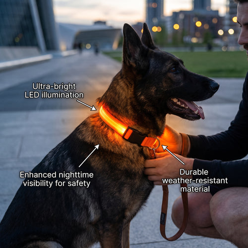 Dog wearing an orange GlowPup LED glow collar during an evening walk