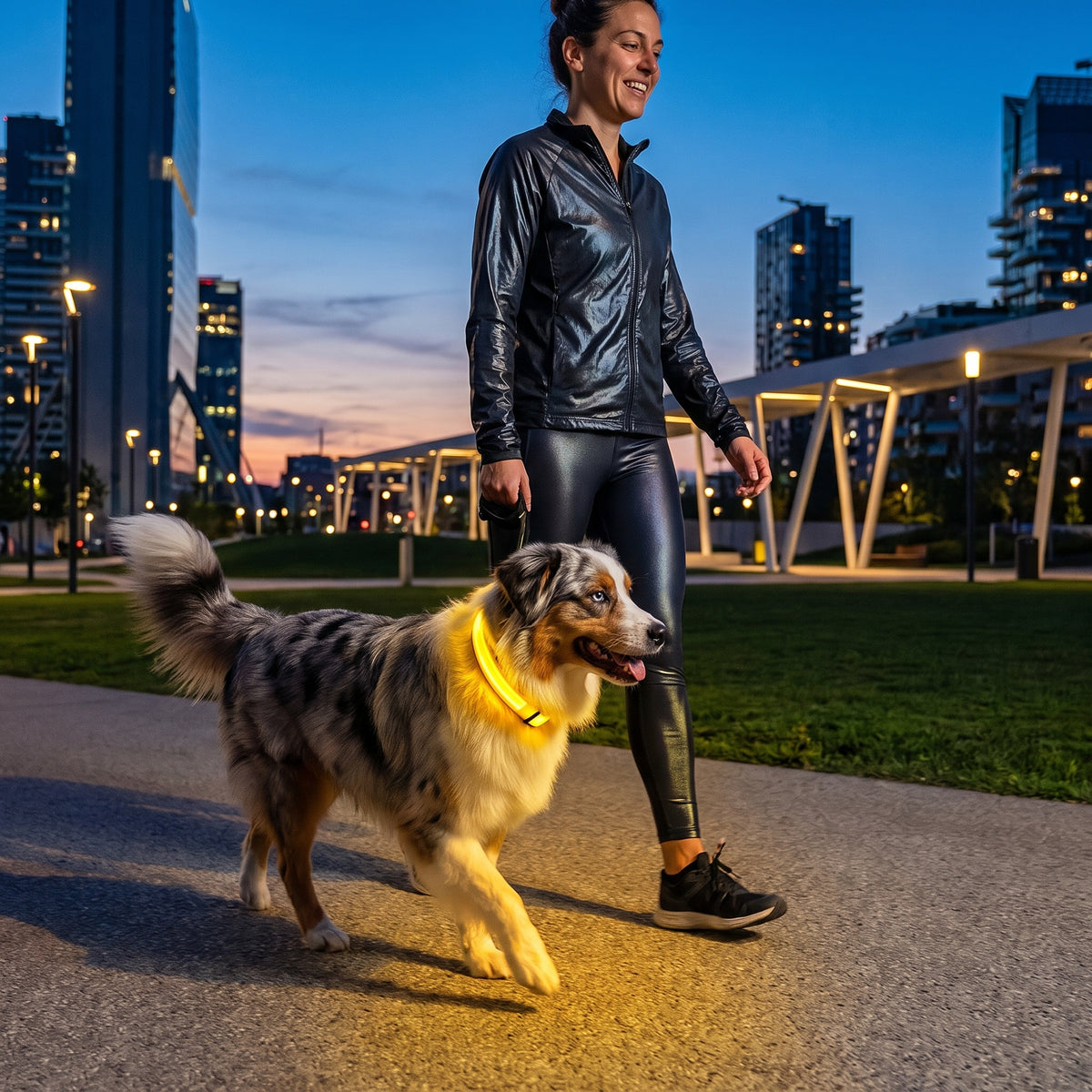 Dog wearing a yellow GlowPup LED glow collar on an evening walk