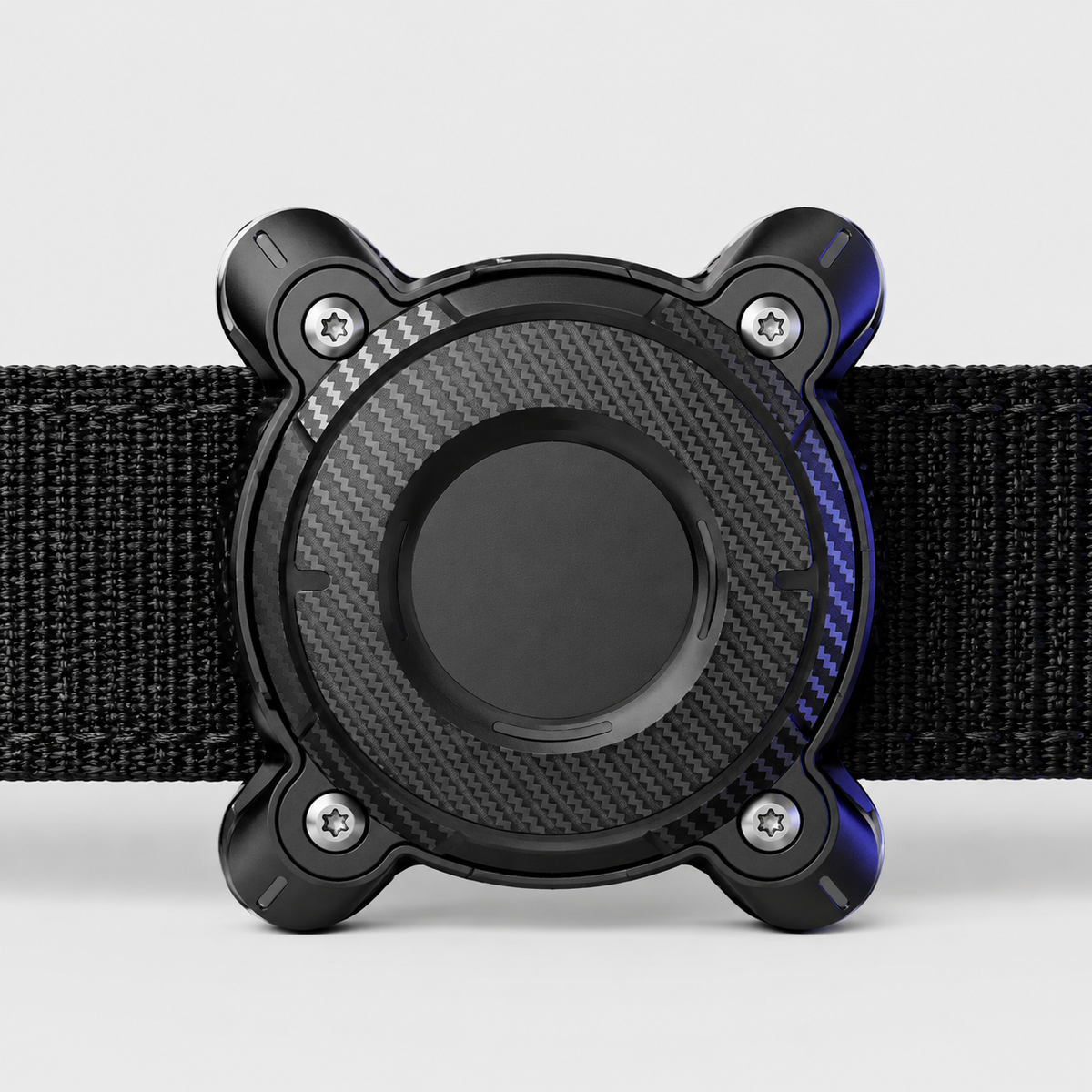 Black waterproof AirTag holder mounted securely on a dog collar